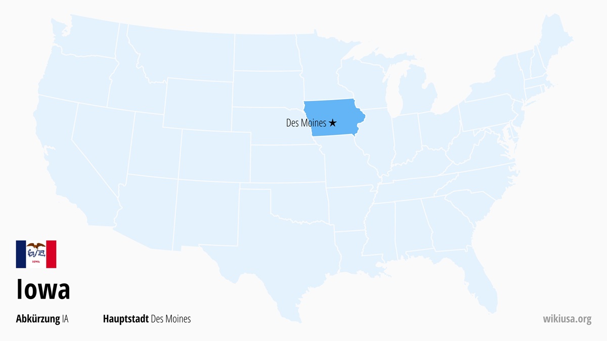 Karte des US-Bundesstaates Iowa | Wo liegt Iowa? | Iowa (USA) – Fakten, Klima, Sehenswürdigkeiten